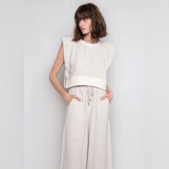 Frankie shop | Linen Padded Shoulder Jogger Set in Cream/Ecru - Picture 2 of 16